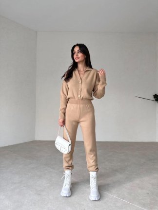 Beli Lastikli Düğmeli STEP Triko Tulum 9911 - Vizon - 2