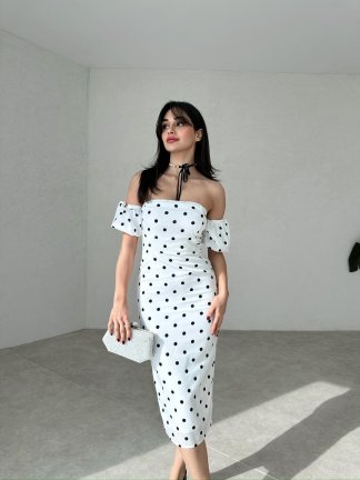 Benekli Midi AGATHA Elbise 2076 - Beyaz - 1