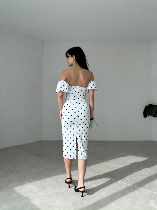 Benekli Midi AGATHA Elbise 2076 - Beyaz - 3