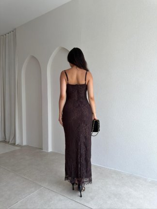 BİSTRO Dantelli Maxi Elbise 6594 - Acı Kahve - 3