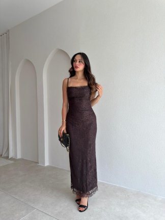 BİSTRO Dantelli Maxi Elbise 6594 - Acı Kahve - 2