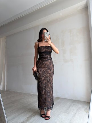 BİSTRO Dantelli Maxi Elbise 6594 - Siyah - 3