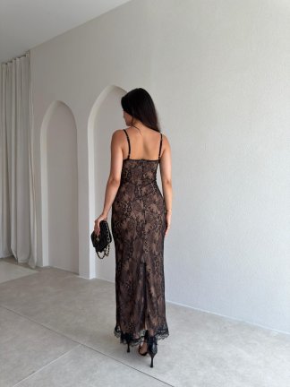 BİSTRO Dantelli Maxi Elbise 6594 - Siyah - 4