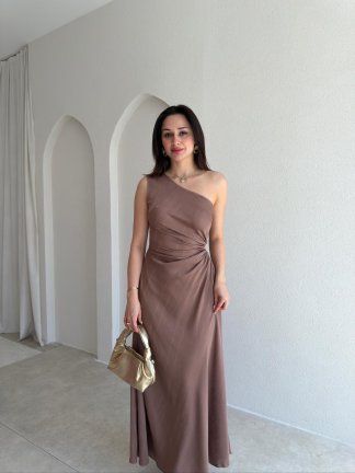 BLONDE Tek Omuz Maxi Elbise 5497 - Kahverengi 