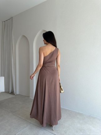 BLONDE Tek Omuz Maxi Elbise 5497 - Kahverengi - 3