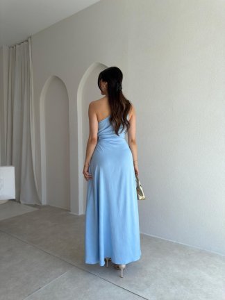  BLONDE Tek Omuz Maxi Elbise 5497 - Bebe Mavisi - 3