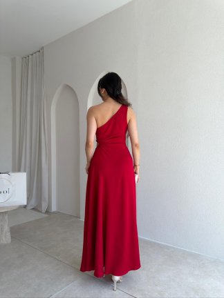 BLONDE Tek Omuz Maxi Elbise 5497 - Kırmızı - 3