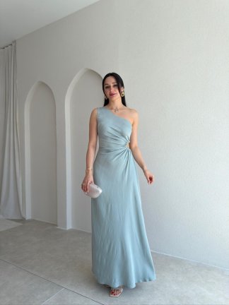 BLONDE Tek Omuz Maxi Elbise 5497 - Mint - 2