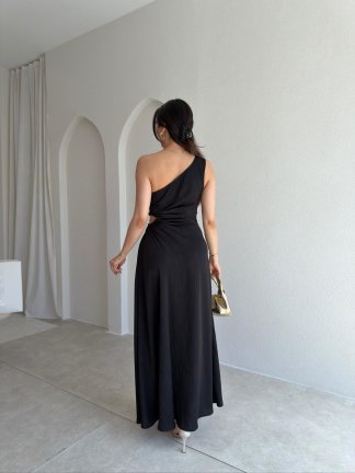 BLONDE Tek Omuz Maxi Elbise 5497 - Siyah - 3