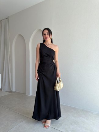BLONDE Tek Omuz Maxi Elbise 5497 - Siyah - 2