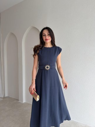 BOLD Kemerli Midi Elbise 1812 - Lacivert - 1