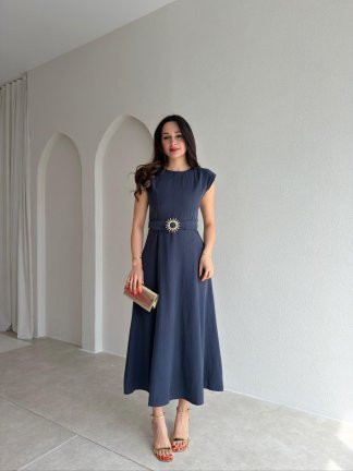 BOLD Kemerli Midi Elbise 1812 - Lacivert - 2