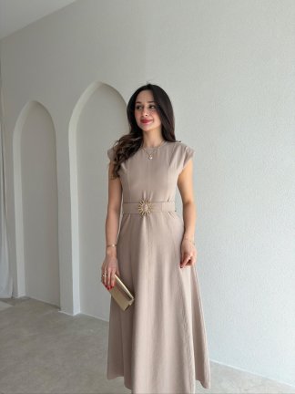BOLD Kemerli Midi Elbise 1812 - Vizon 