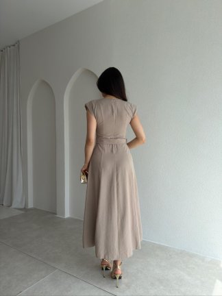 BOLD Kemerli Midi Elbise 1812 - Vizon - 3
