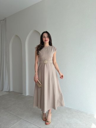 BOLD Kemerli Midi Elbise 1812 - Vizon - 2