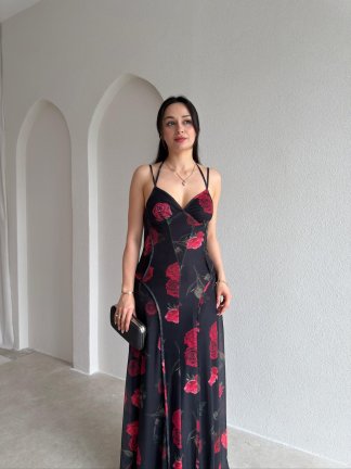 BONJOUR Gül Desenli Maxi Elbise 5508 - Siyah - 2