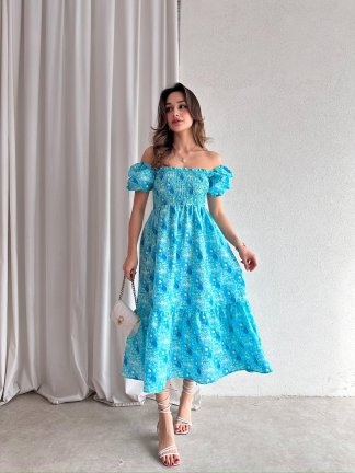 BONNİE Midi Elbise 7678 - Turkuaz - 2