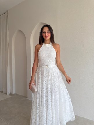 BORGES Dantelli Midi Elbise 8780 - Beyaz - 2
