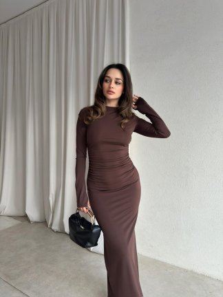  BRAVE Bisiklet Yaka Maxi Elbise 8760 - Acı Kahve - 1