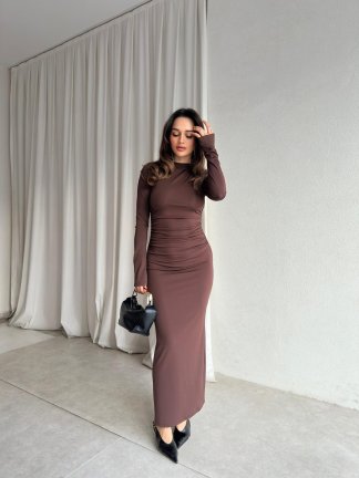  BRAVE Bisiklet Yaka Maxi Elbise 8760 - Acı Kahve - 3