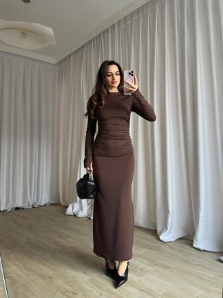  BRAVE Bisiklet Yaka Maxi Elbise 8760 - Acı Kahve - 3