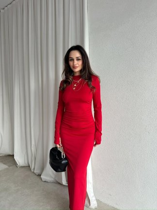 BRAVE Bisiklet Yaka Maxi Elbise 8760 - Kırmızı 