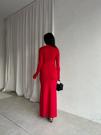 BRAVE Bisiklet Yaka Maxi Elbise 8760 - Kırmızı - 4