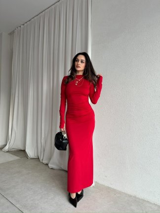 BRAVE Bisiklet Yaka Maxi Elbise 8760 - Kırmızı 