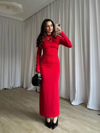 BRAVE Bisiklet Yaka Maxi Elbise 8760 - Kırmızı - 3