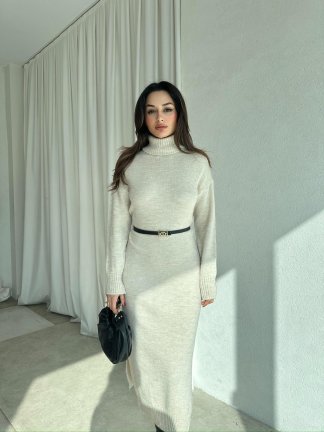 BRÜKSEL Triko Elbise 0385 - Krem - 2