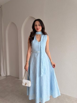 BUENOS Fularlı Midi Elbise 8935 - Bebe Mavisi - 2