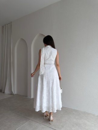 BUENOS Fularlı Midi Elbise 8935 - Beyaz - 2