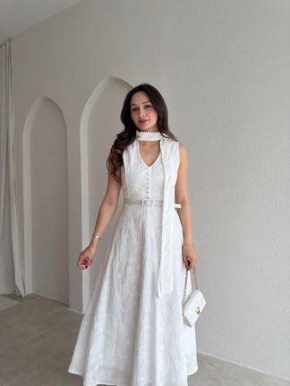 BUENOS Fularlı Midi Elbise 8935 - Beyaz - 3