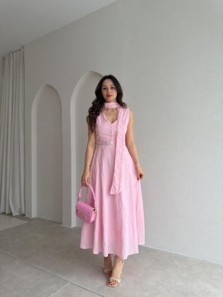 BUENOS Fularlı Midi Elbise 8935 - Pembe 