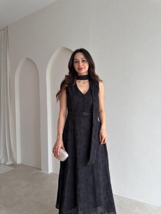 BUENOS Fularlı Midi Elbise 8935 - Siyah - 2
