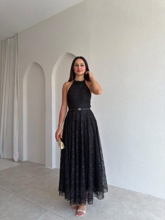 BUTTER Dantelli Midi Elbise 8780 - Siyah 