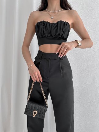 Büzgü Detaylı Crop - Pantolon Saten DREW Takım 1050 - Siyah - 4