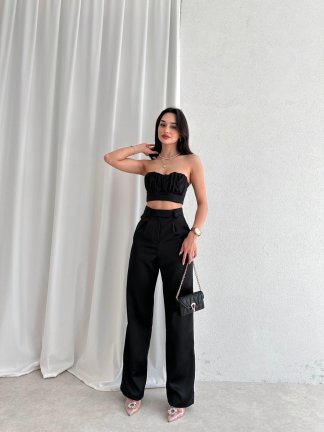 Büzgü Detaylı Crop - Pantolon Saten DREW Takım 1050 - Siyah 