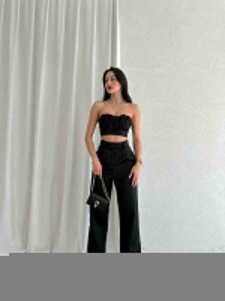 Büzgü Detaylı Crop - Pantolon Saten DREW Takım 1050 - Siyah - 2