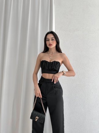 Büzgü Detaylı Crop - Pantolon Saten DREW Takım 1050 - Siyah - 3