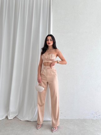 Büzgü Detaylı Crop - Pantolon Saten DREW Takım 1050 - Vizon - 1