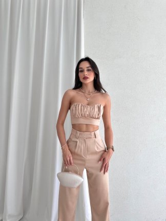 Büzgü Detaylı Crop - Pantolon Saten DREW Takım 1050 - Vizon - 2