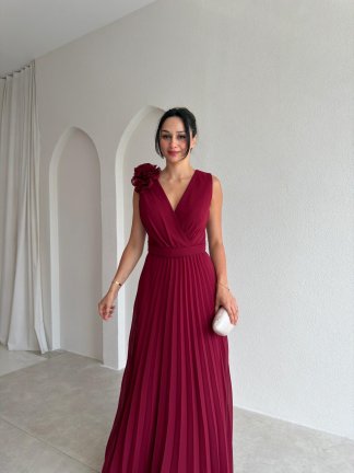 CALM Gül Detaylı Maxi Elbise 1815 - Bordo 