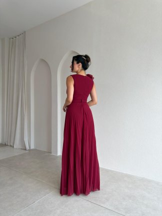CALM Gül Detaylı Maxi Elbise 1815 - Bordo - 2