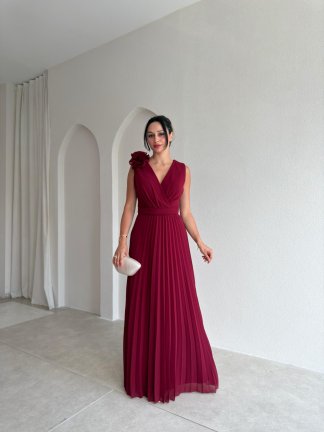 CALM Gül Detaylı Maxi Elbise 1815 - Bordo - 3