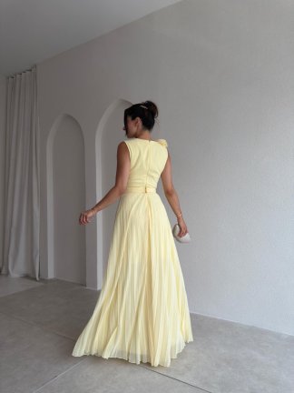 CALM Gül Detaylı Maxi Elbise 1815 - Sarı - 3