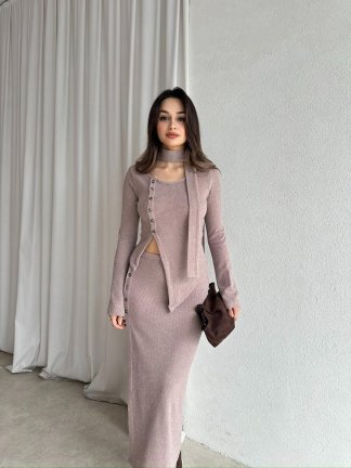 CANDİS Triko Fularlı Takım 8512 - Vizon 