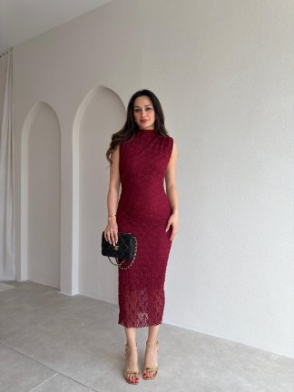 CAPRİCE Dantelli Midi Elbise 1811 - Bordo 