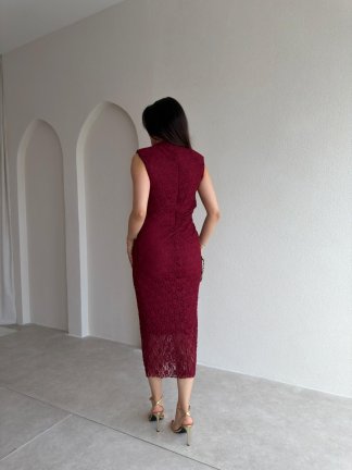 CAPRİCE Dantelli Midi Elbise 1811 - Bordo - 3