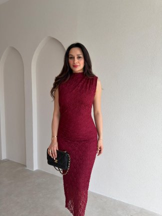 CAPRİCE Dantelli Midi Elbise 1811 - Bordo - 2